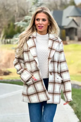 All Figured Out Plaid Pea Coat : Ivory/Mocha