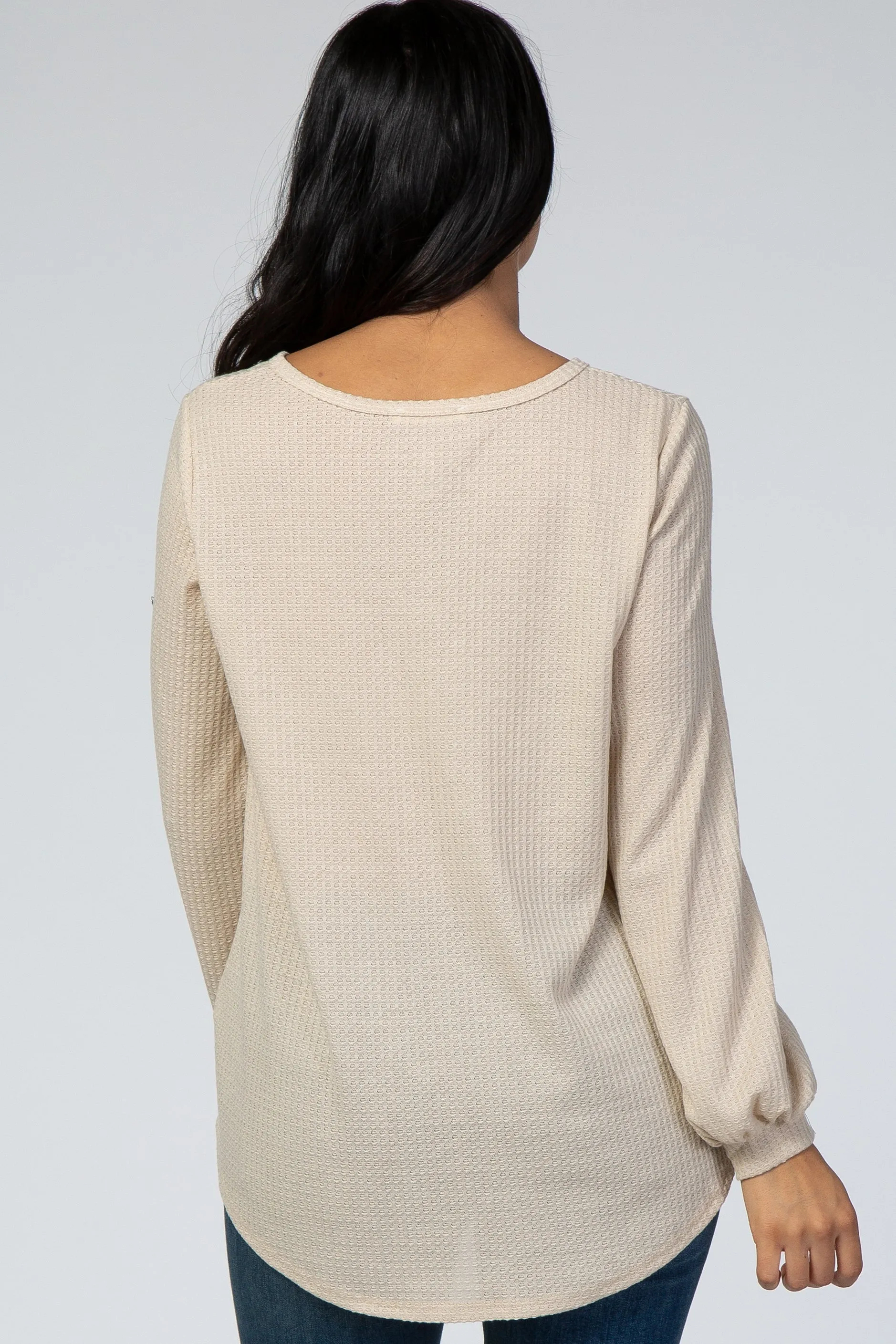 Beige Waffle Knit Button Front Top