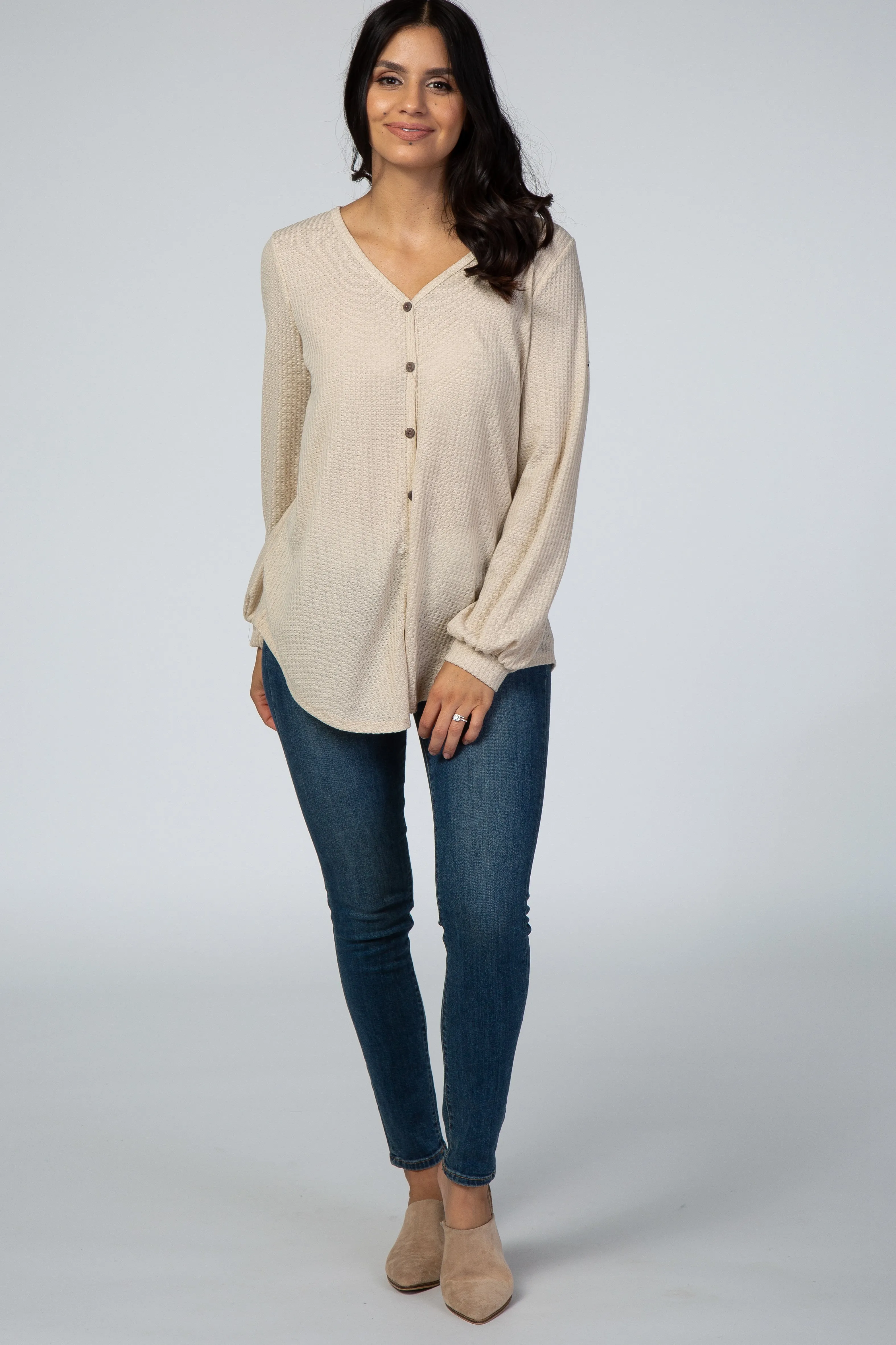 Beige Waffle Knit Button Front Top