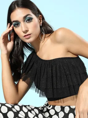 Black One Shoulder Mesh Net Frilly Top