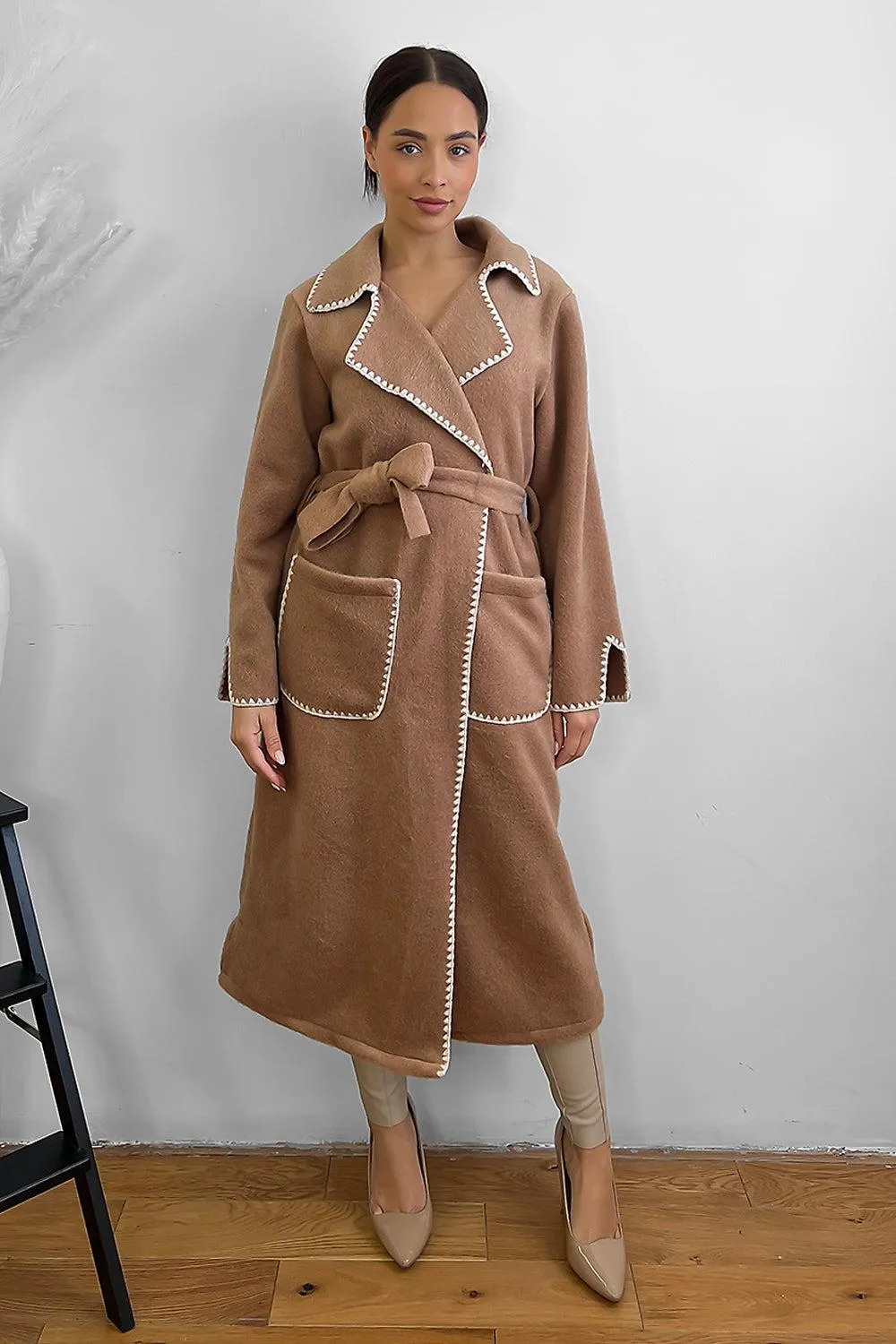 Contrast Stitch Felt Midi Tie Up Coat