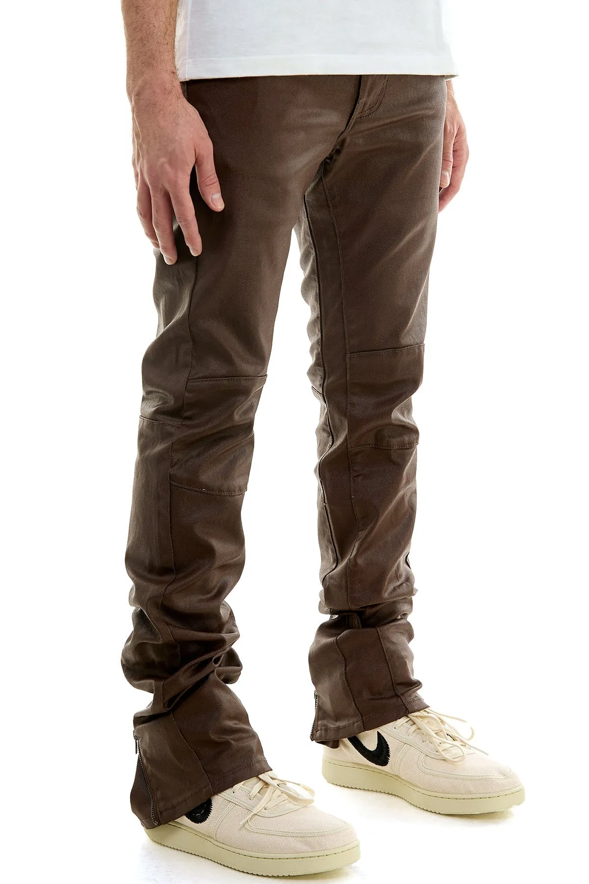 Cotton Skinny Stacked Pants in Brown