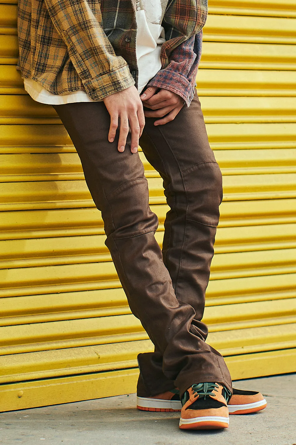 Cotton Skinny Stacked Pants in Brown