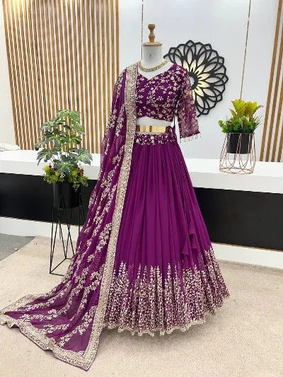 Dark Wine Georgette Embroidery Sequence Work Stitched Lehenga Choli Set