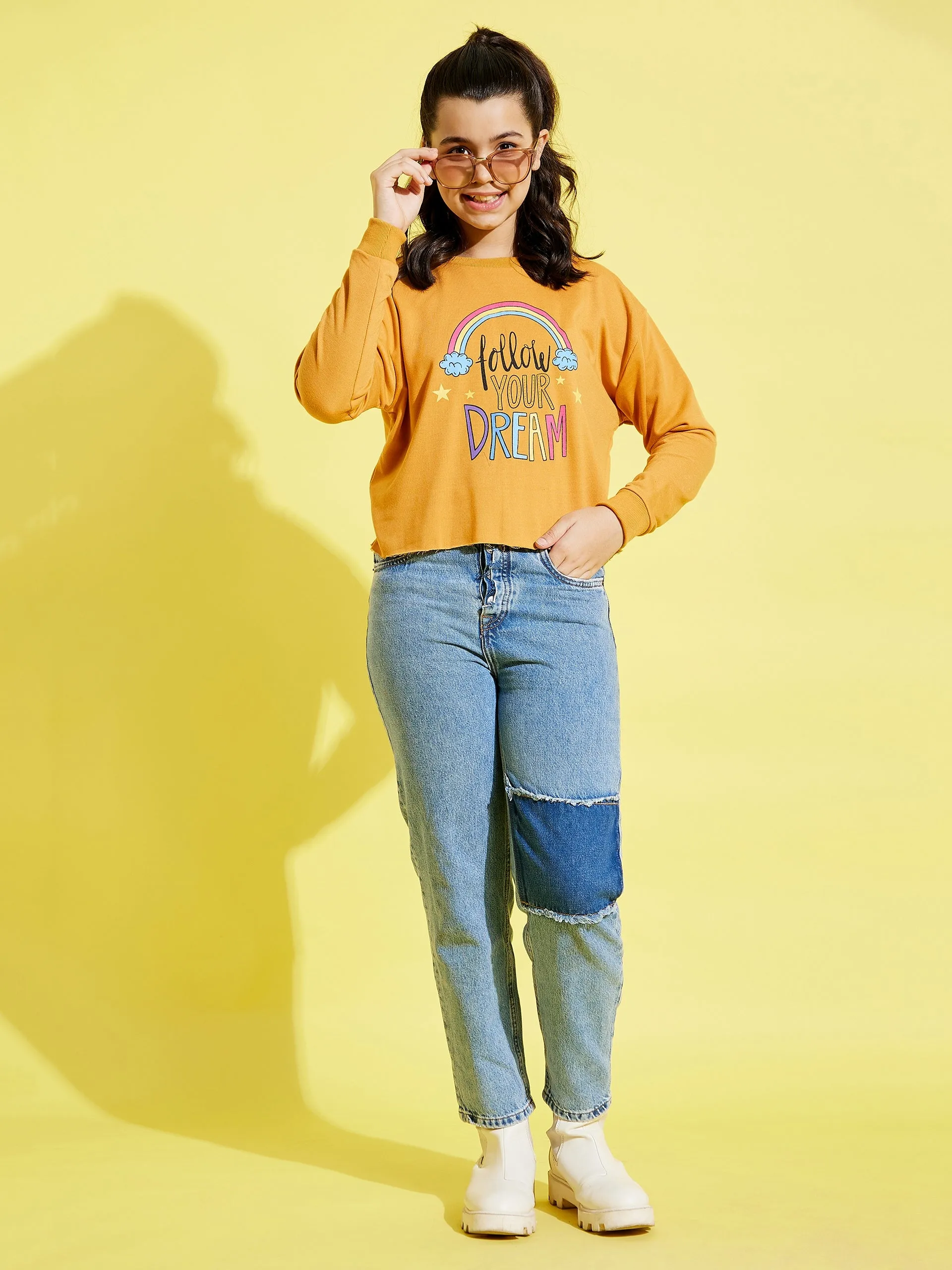 Girls Mustard Terry FOLLOW DREAM Crop Sweatshirt