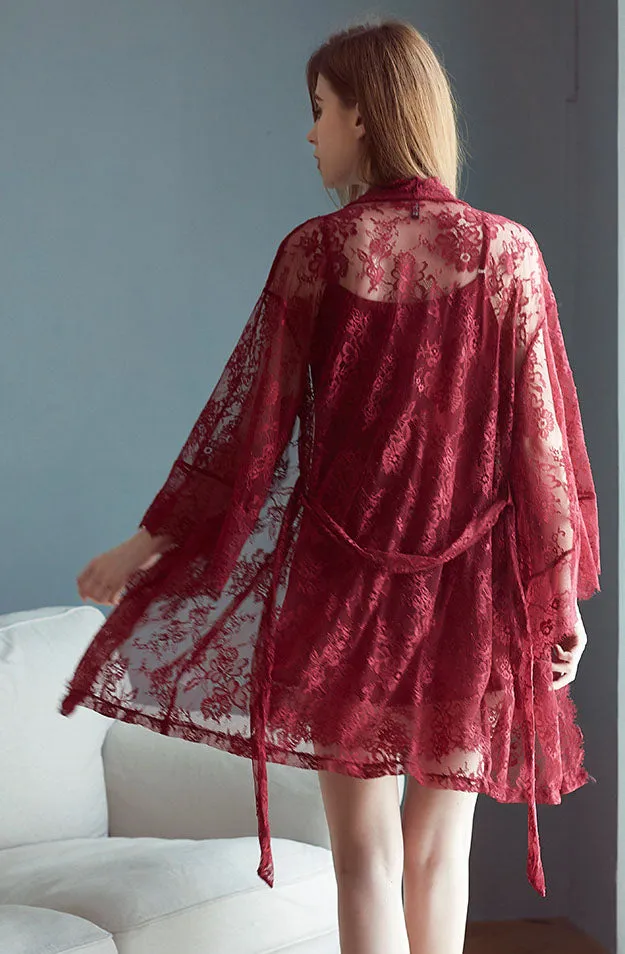 Lace Spaghetti Straps Dress And Cardigan Two Pieces Set Nightdress