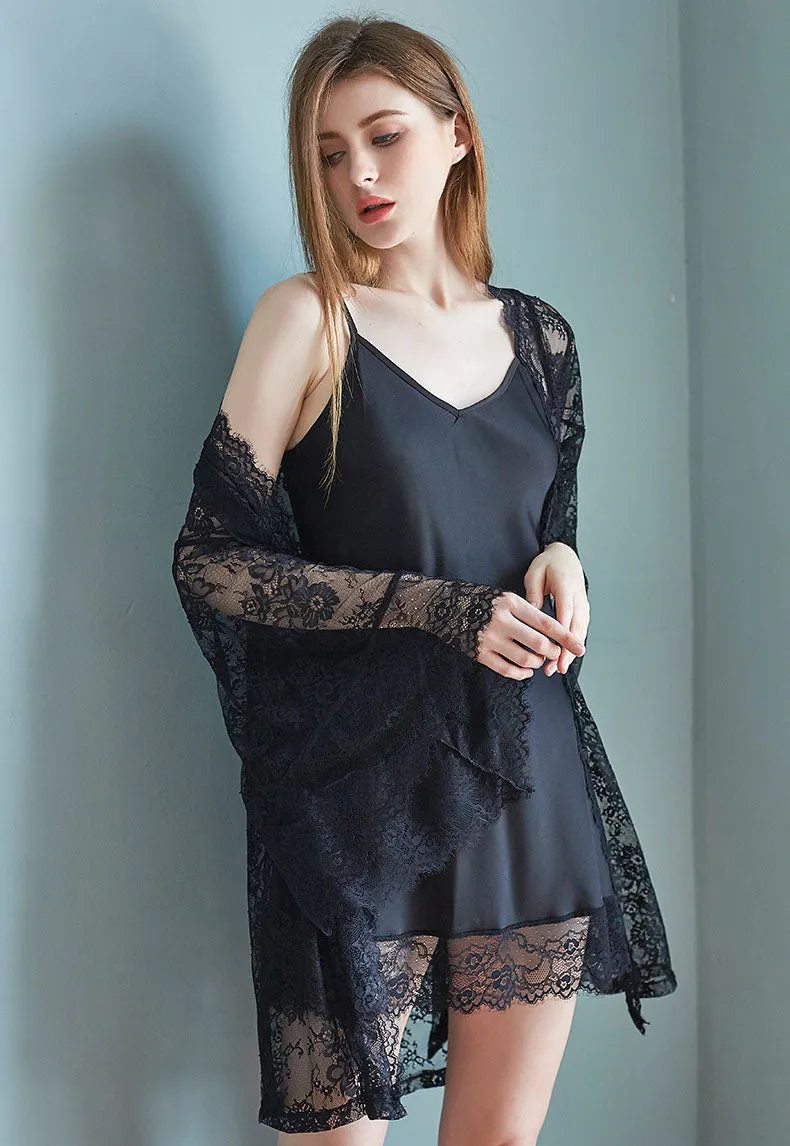 Lace Spaghetti Straps Dress And Cardigan Two Pieces Set Nightdress