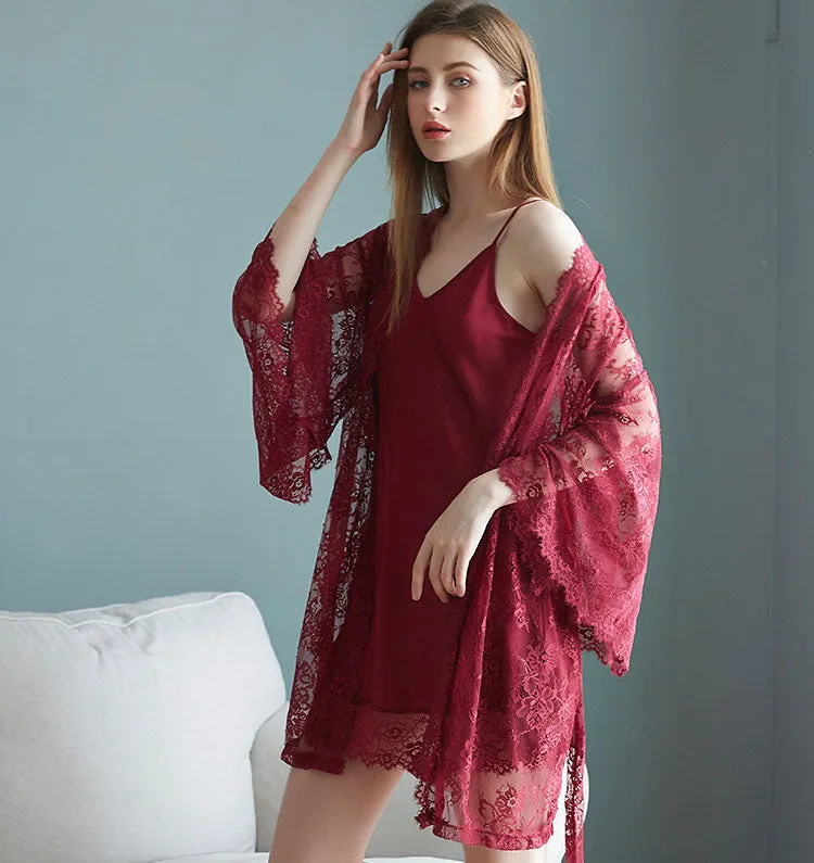 Lace Spaghetti Straps Dress And Cardigan Two Pieces Set Nightdress