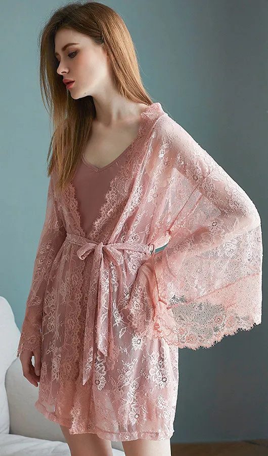 Lace Spaghetti Straps Dress And Cardigan Two Pieces Set Nightdress