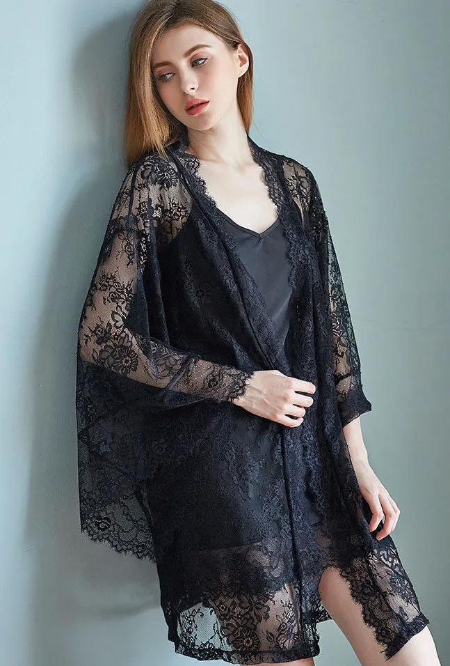 Lace Spaghetti Straps Dress And Cardigan Two Pieces Set Nightdress