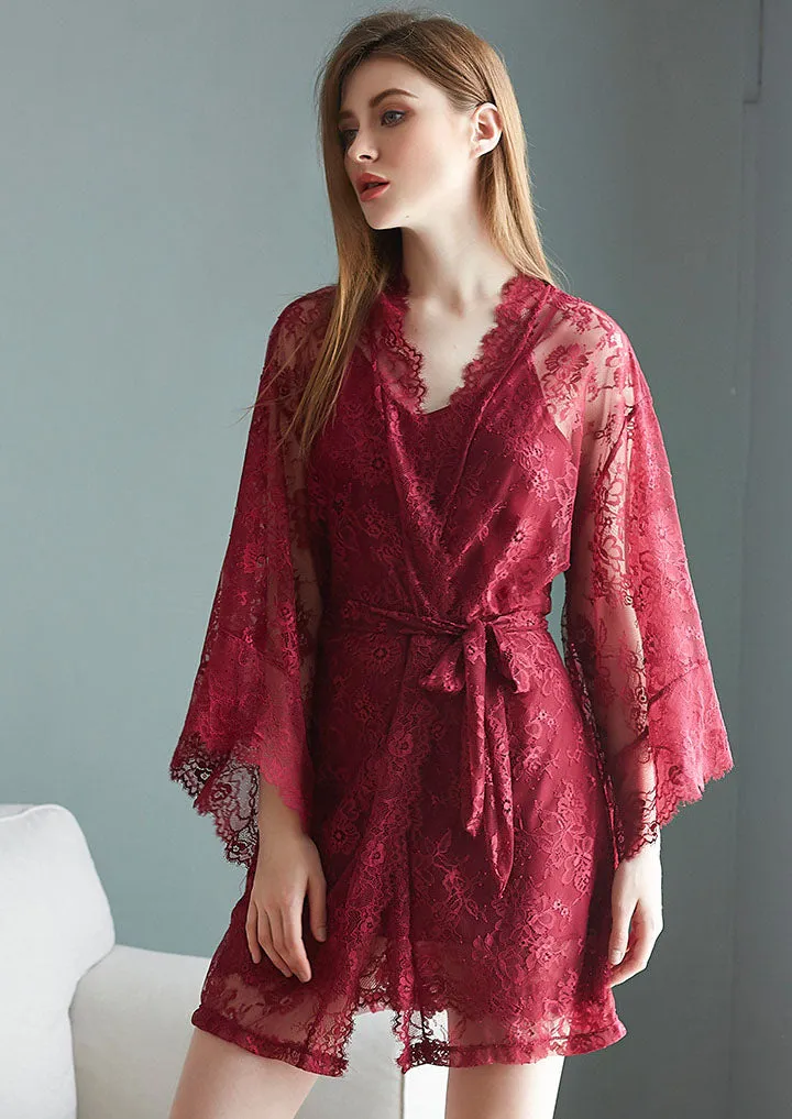 Lace Spaghetti Straps Dress And Cardigan Two Pieces Set Nightdress