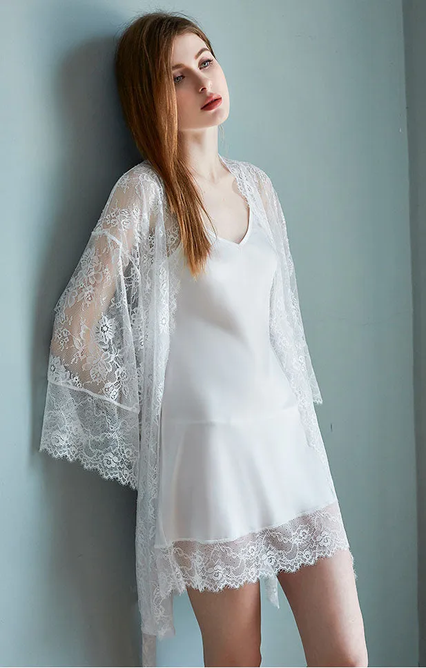 Lace Spaghetti Straps Dress And Cardigan Two Pieces Set Nightdress