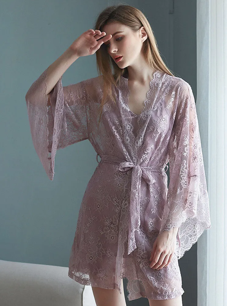 Lace Spaghetti Straps Dress And Cardigan Two Pieces Set Nightdress