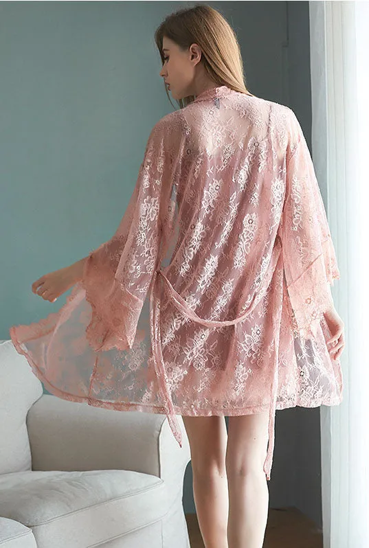 Lace Spaghetti Straps Dress And Cardigan Two Pieces Set Nightdress