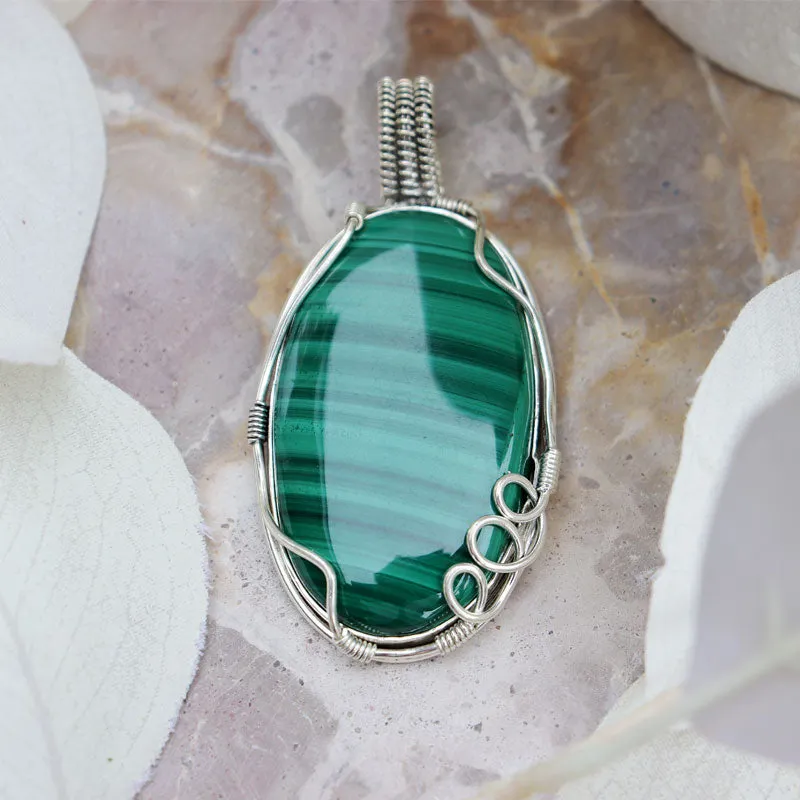 Malachite Oval Large Silver Pendant