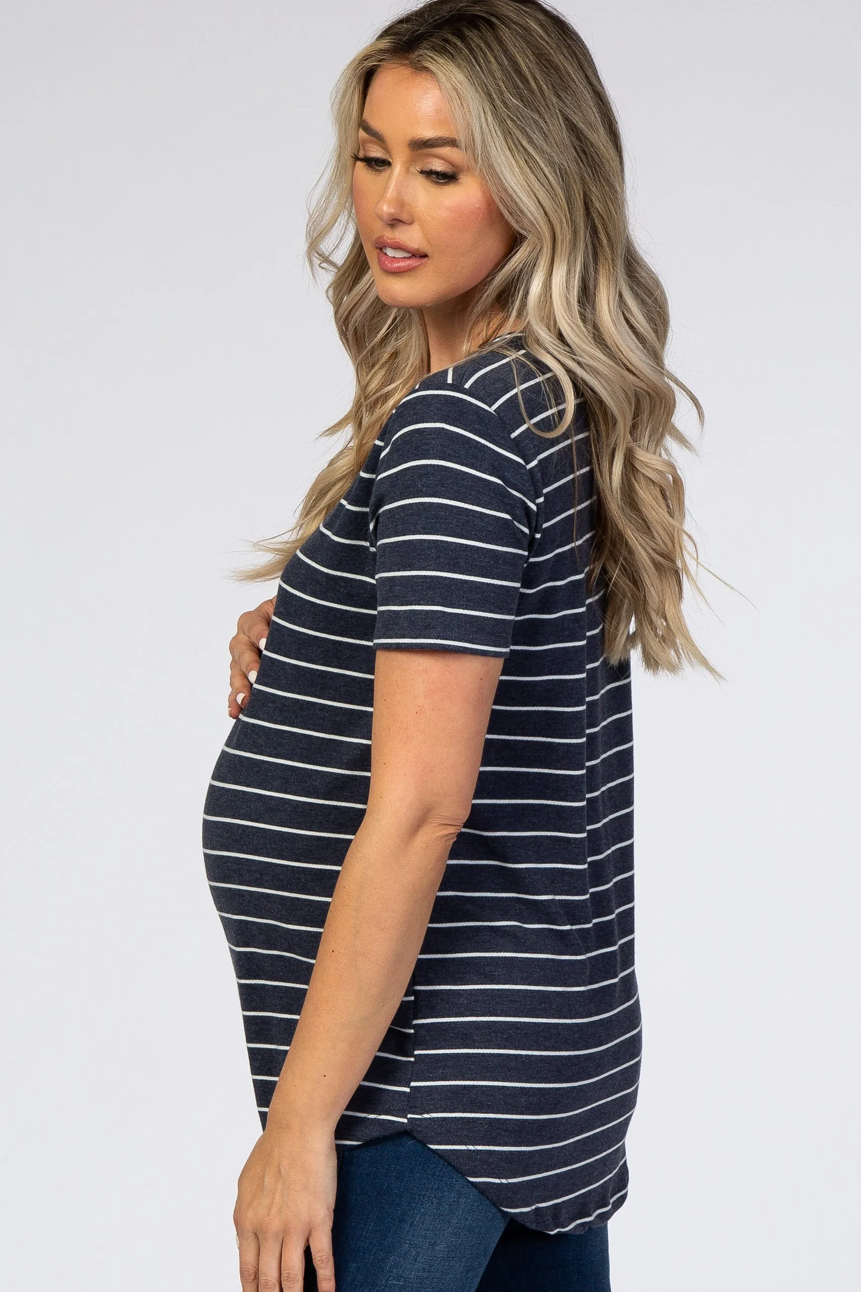 Navy Blue Striped V-Neck Maternity Top