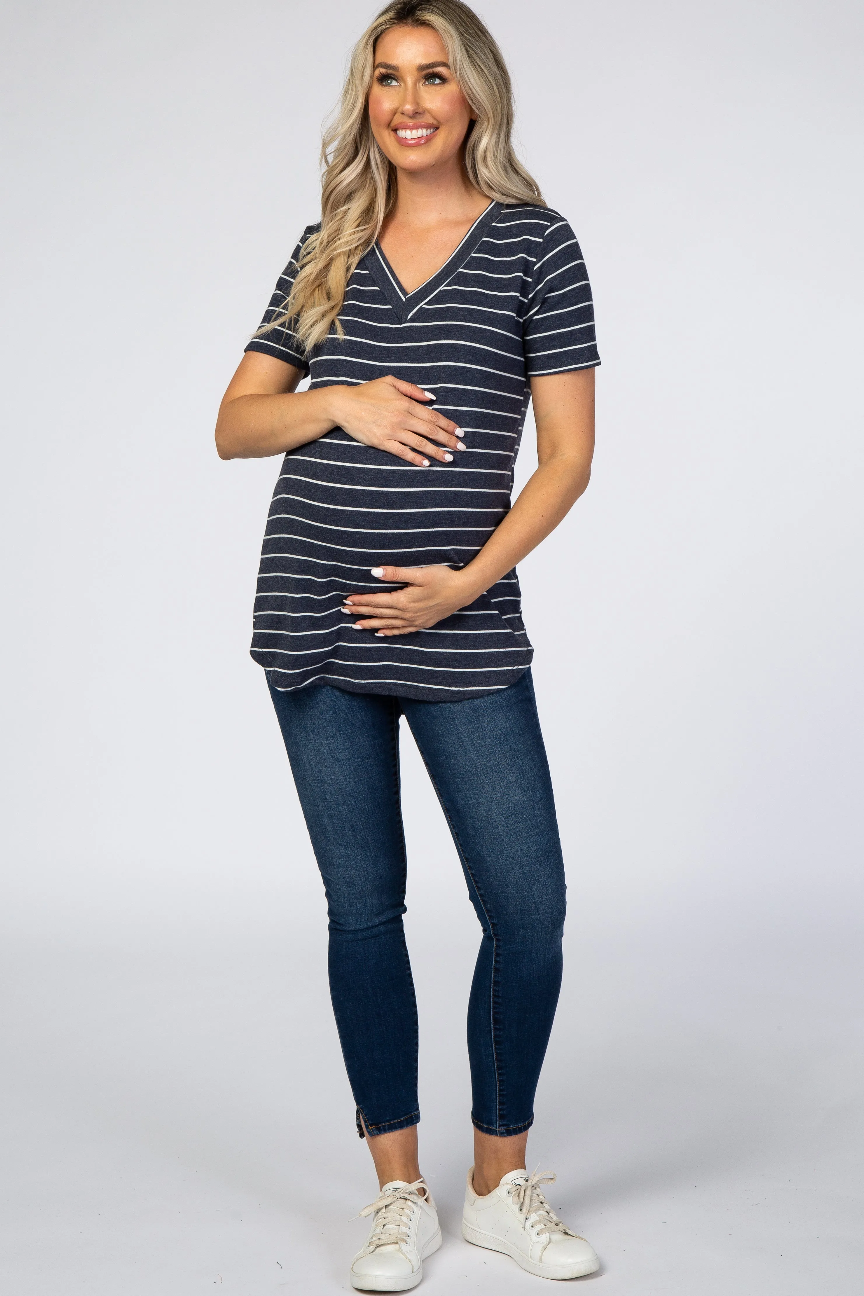 Navy Blue Striped V-Neck Maternity Top