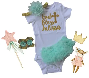 Personalized Mint Baptism after party baby girl outfit, God bless personalized glitter bodysuit outfit baby girl baptism gift headband