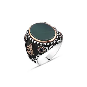 Plain Green Agate Stone Ellipse Silver Men's Ring Siding Ottoman Tughra and Zircon Stones