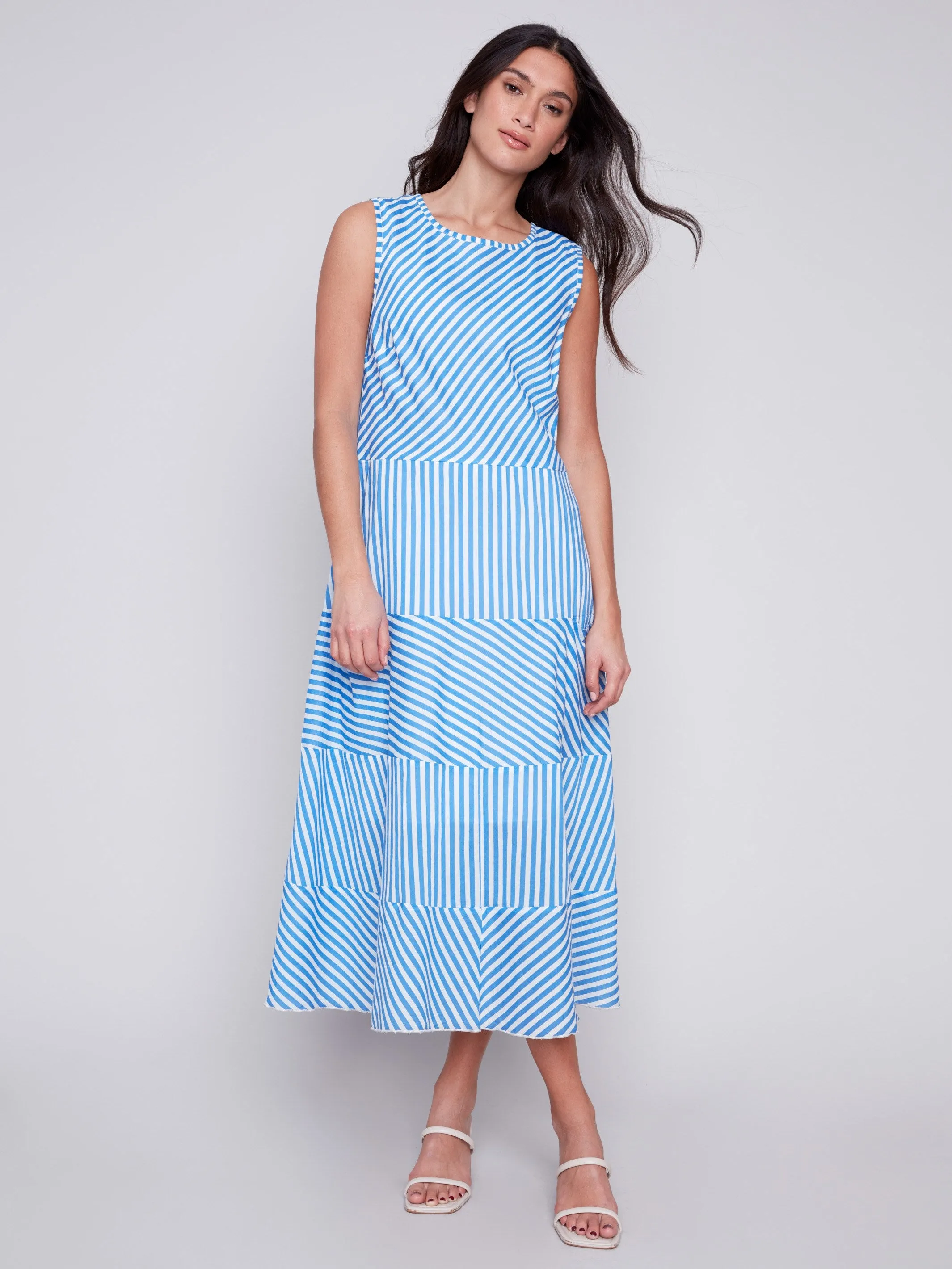 Printed Sleeveless Cotton Voile Dress - Blue