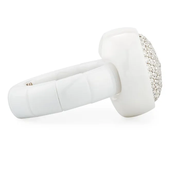 Roberto Demeglio Dama Elastic Stretch Large Ring in White Shiny Ceramic with Round Diamonds