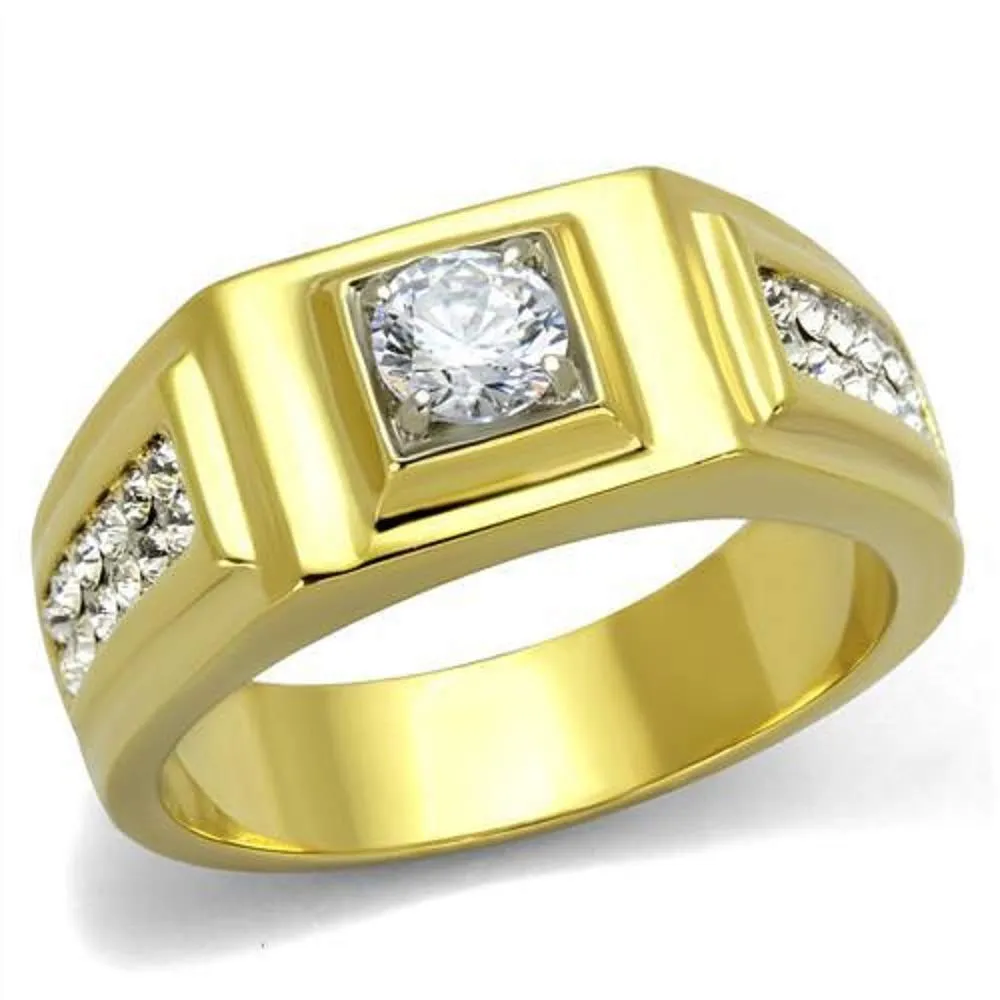 WildKlass Stainless Steel Ring Two-Tone IP Gold Men AAA Grade CZ Clear